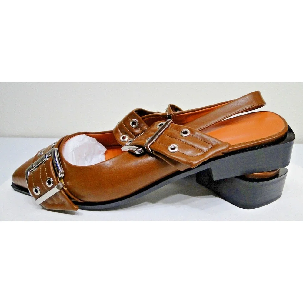 Chunky Buckle‎ Slingback Ballerina Heel Brown Patent Leather Shoes Size 11
